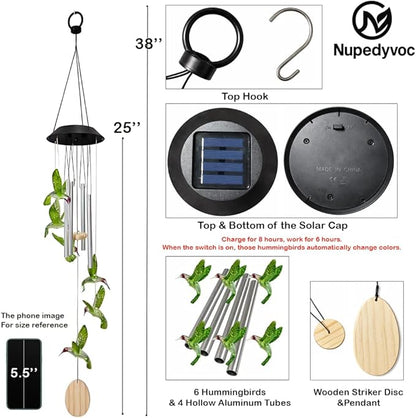 38” Hummingbird Aluminum Tube Solar Light LED Wind Chime for Outside, Weather Resistant Decoration Outdoor Garden Patio Soft Tone Decor, Gift for Birthday, Mother's Day, Atmosphere Creator