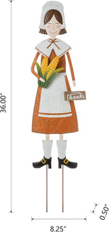 Glitzhome Thanksgiving Yard Stakes Metal Pilgrim Girl Yard Signs Hanging Wall Decors for Thanksgiving Fall Harvest Outdoor Decorations, 36" H
