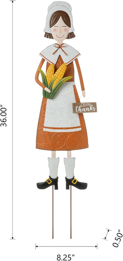 Glitzhome Thanksgiving Yard Stakes Metal Pilgrim Girl Yard Signs Hanging Wall Decors for Thanksgiving Fall Harvest Outdoor Decorations, 36" H