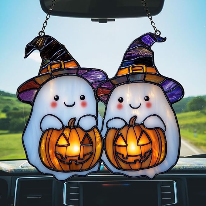 Cute Witch Ghost and Pumpkin Acrylic Suncatcher Stained Glass Effect Window Car Hanging Christmas Ornament Indoor Outdoor Decor Garden Sun Catcher Panel for Halloween Lover for Women Mom Grandma