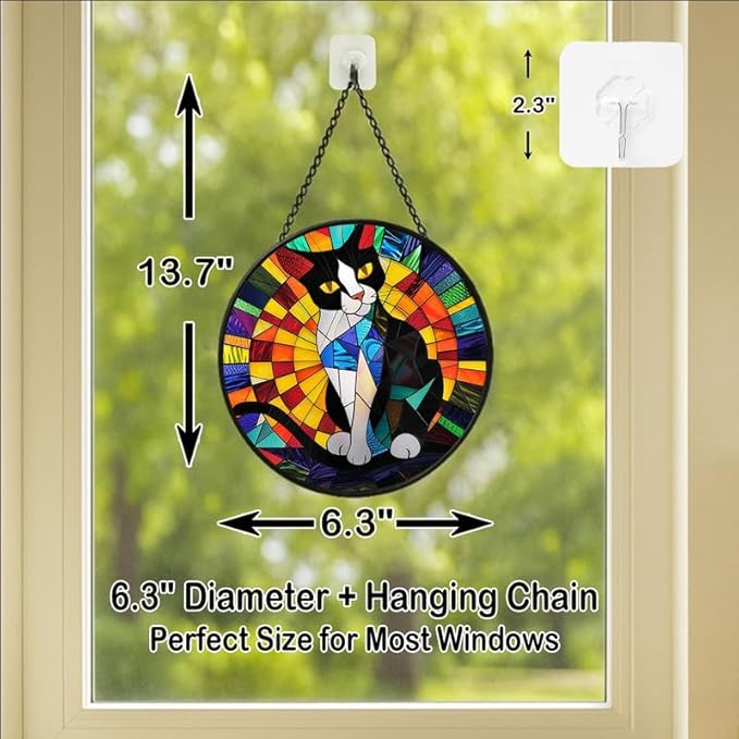 Stained Glass Window Hanging - Tuxedo Cat Rainbow Pattern 6.3in Sun Catchers Indoor Stained Glass Panels Wall Decor for Mom Wife Lovers Festive