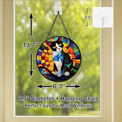 Stained Glass Window Hanging - Tuxedo Cat Rainbow Pattern 6.3in Sun Catchers Indoor Stained Glass Panels Wall Decor for Mom Wife Lovers Festive