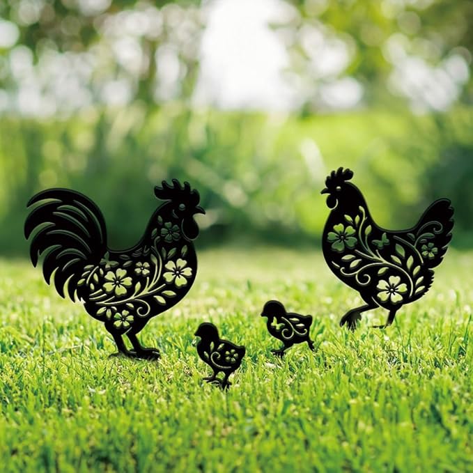 SUPERDANT 4PCS Chicken Metal Garden Yard Art Decor Black Silhouette Outdoor Iron Art Decoration Garden Stakes Statues Ornament Crafts for Backyard Parks Lawns Outdoor Spaces