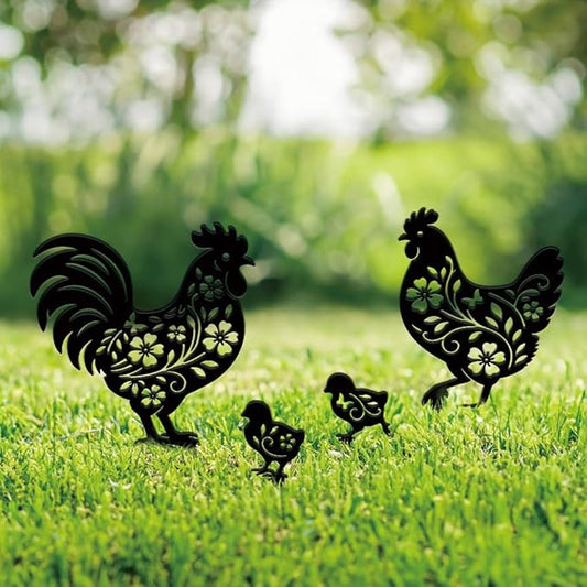 SUPERDANT 4PCS Chicken Metal Garden Yard Art Decor Black Silhouette Outdoor Iron Art Decoration Garden Stakes Statues Ornament Crafts for Backyard Parks Lawns Outdoor Spaces