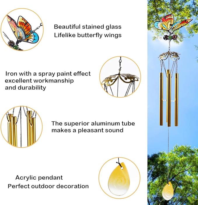 AVEKI Iron Stained Glass Butterfly Wind Chimes - 27.5''H, Gifts for Mom, Outdoor/Indoor, Home, Garden, Window, Yard, Patio, Lawn Decoration (Yellow)