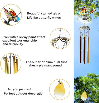 AVEKI Iron Stained Glass Butterfly Wind Chimes - 27.5''H, Gifts for Mom, Outdoor/Indoor, Home, Garden, Window, Yard, Patio, Lawn Decoration (Yellow)