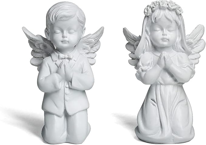 YUEOECOR 2PCS Cherubs Angels Resin Garden Statue Figurine, Adorable Angel Sculpture Memorial Statue Indoor Outdoor Home Garden Decoration (A 2PCS White)