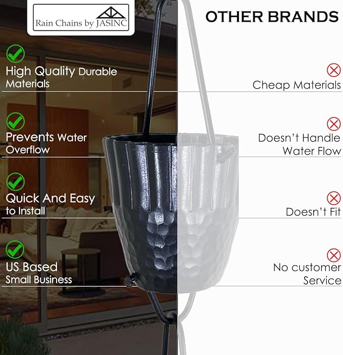 8.5 ft Ruffle Cups Hammered Black Powder Coated Aluminum, to Replace Roof Gutter Downspout, with Installation Kit, Rainwater Catcher/Water Diverter, JAS3003BLK