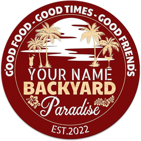 MeMate Personalized Backyard Paradise Sign - Customized Name Established Year Metal Sign for Outdoor Patio Decor, Restaurants, Farmhouse - Round Printed