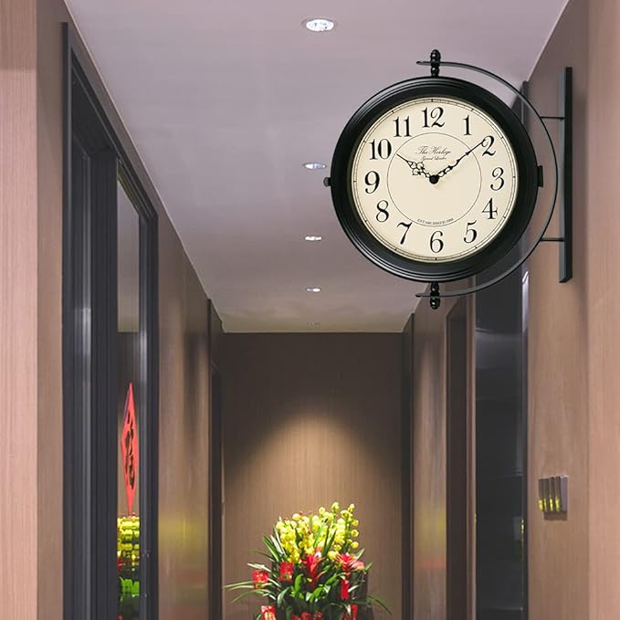 BESTIME 66264B 16-Inch Double Sided Metal Wall Clock with Black Frame.Sturdy Frame,Easy Read,Garden,Home Décor,Indoor,Outdoor,Farmhouse,Yard,Station,Office,Photography Props.