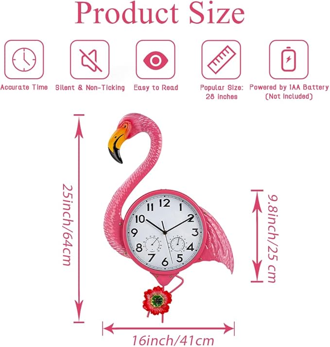 Large Outdoor Clock with Thermometer & Humidity - Silent Non-Ticking, Flamingo Outdoor Wall Clock for Patio, Garden, Kitchen, Living Room(Pink)