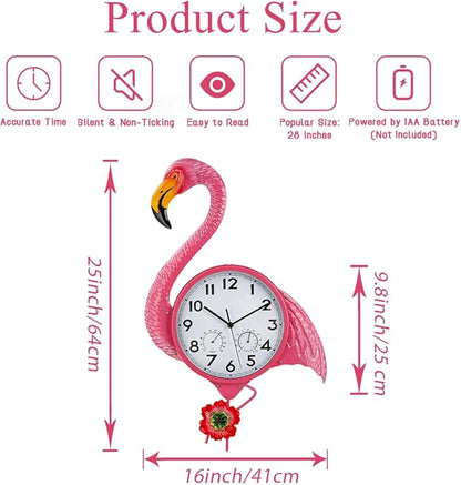 Large Outdoor Clock with Thermometer & Humidity - Silent Non-Ticking, Flamingo Outdoor Wall Clock for Patio, Garden, Kitchen, Living Room(Pink)