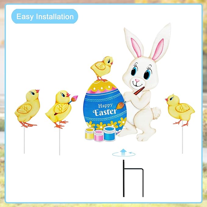 Easter Decorations Outdoor,4 Pack Metal Egg Bunny Yard Signs for Outside,Cute Easter Chick Decorations Garden Stakes for Lawn,Yard,Rabbit Gifts for Women