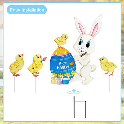 Easter Decorations Outdoor,4 Pack Metal Egg Bunny Yard Signs for Outside,Cute Easter Chick Decorations Garden Stakes for Lawn,Yard,Rabbit Gifts for Women