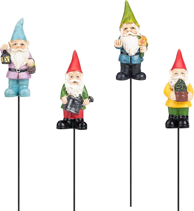 Garden Gnome Statue, Resin Miniature Gnome Set of 4PCS, Figurine with Garden Stakes for Lawn Patio Yard Outdoor Home Decor