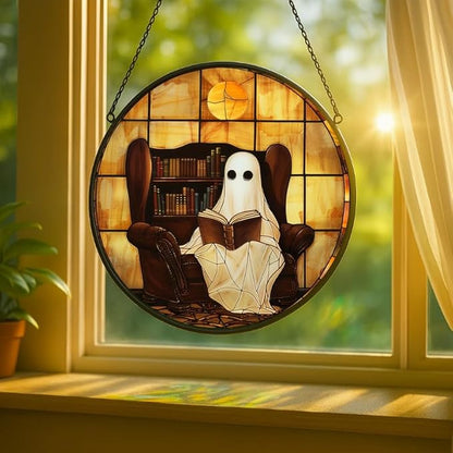 Stained Glass Window Hanging Halloween Ghost Reading Book 7.8in Sun Catchers Panel for Indoor Decorative Display for Mom Wife Lovers Festive