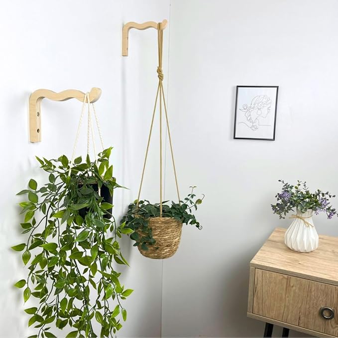 EvenWood 2-Piece Set of Wavy Wooden Wall Planters for Indoor Plants 6 Inch - Natural Plant Hook for Wall Plant, Wind Chimes, Flower Brackets, Patio Garden Decorations - Bracket Plant Hanger (Natural)