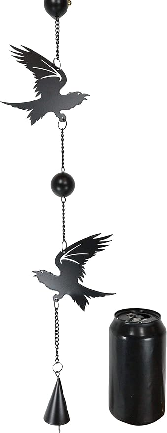 Ebros Harbinger of Doom Raven Crow Black Coated Steel Metal Wall Hanging Wind Chime with Beads Home and Patio Decor Bad Omen Macabre Edgar Poe Ravens Mobile Noisemaker