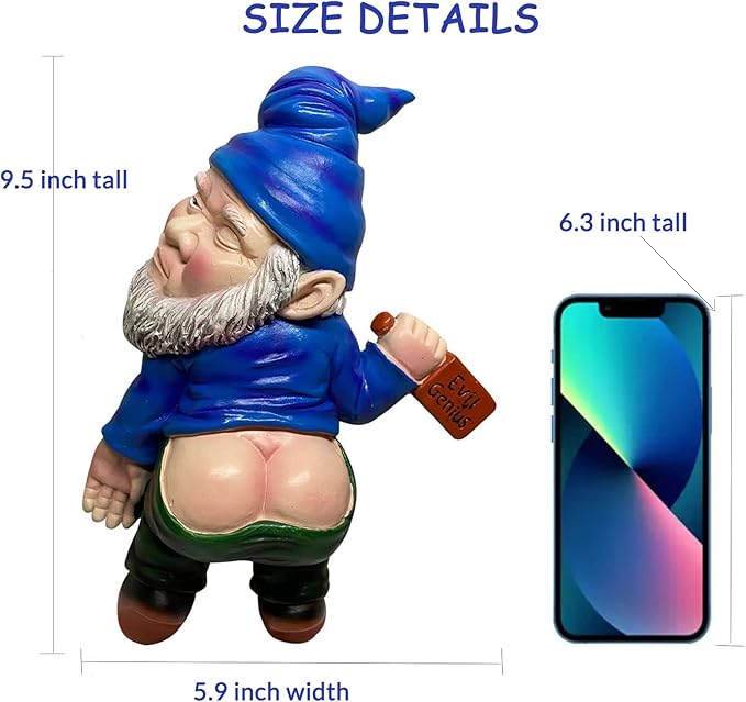 MINICAR Funny Drunk Garden Gnome Statue 9.5 Inch - Indoor Home Office Figurine Decor Outdoor Yard Lawn Patio Sculpture Decoration, Naughty Gifts for Women Men, Blue