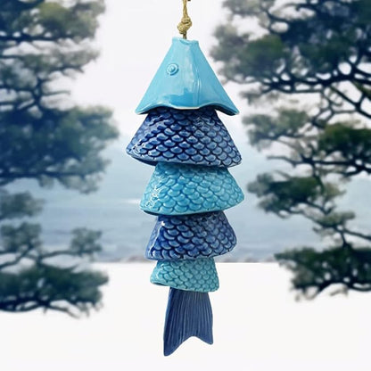 Koi Fish Wind Chime for Outside, 12 Inch Ceramic Wind Chimes with Gentle Tones for Patio Garden Yard, Porch, Beach Decor, Thoughtfully Weighted Design Prevents Constant Ringing.