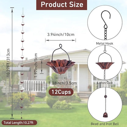 10 FT Lotus Rain Chain and 8.7 Ft Hummingbird Rain Chains, Adjustable Rain Gutter Chain with 12 Cups, Replacement for Downspout