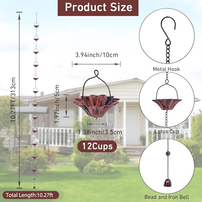 10FT Copper Lotus Rain Chain and Calla Lily Garden Stake with Bells for Outdoor Lawn Patio Decor