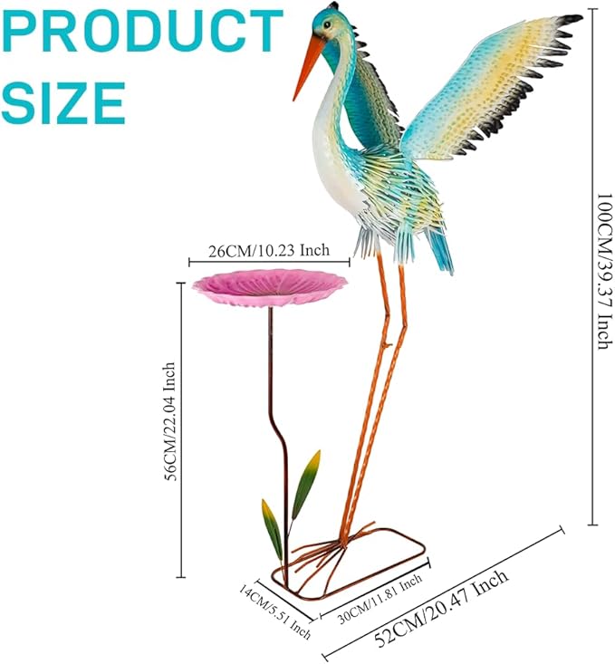 39“ Metal Heron Bird Statue with Pink Birdbath, Garden Statue Decor Yard Art for Lawn, Backyard - Unique Animal Figurine for Birthday, Housewarming, Christmas