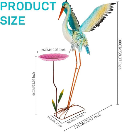 39“ Metal Heron Bird Statue with Pink Birdbath, Garden Statue Decor Yard Art for Lawn, Backyard - Unique Animal Figurine for Birthday, Housewarming, Christmas
