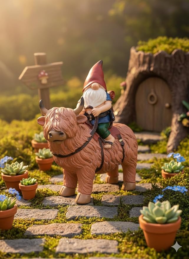 Funny Guy Mugs Gnome Riding A Highland Cow - Funny Garden Gnomes Gifts for Women - Garden Gnomes for Outdoors