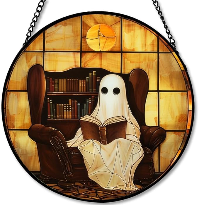 Stained Glass Window Hanging Halloween Ghost Reading Book 6.3in Sun Catchers Panel for Indoor Decorative Display for Mom Wife Lovers Festive