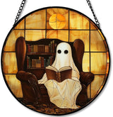 Stained Glass Window Hanging Halloween Ghost Reading Book 11.8in Sun Catchers Panel for Indoor Decorative Display for Mom Wife Lovers Festive