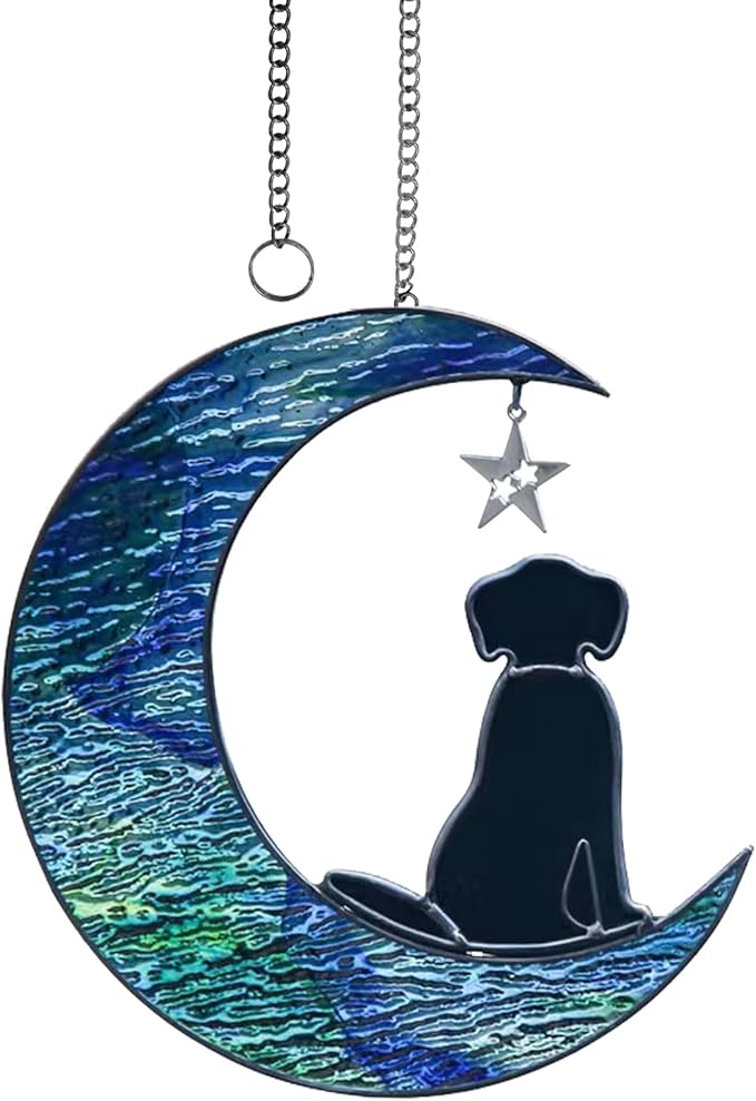 Dog Decor Stained Glass Moon Suncatchers Window Hanging, Wall Art Element Earth Tones Modern Design Home Garden Suncatcher, Dog Lovers for Halloween Decor