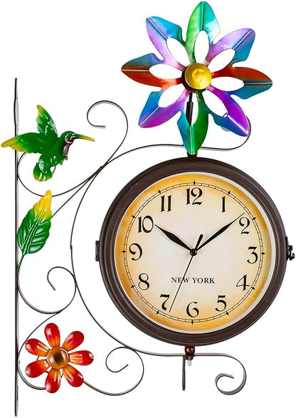 Vintage Indoor Outdoor Clock - Silent Non-Ticking, Double Sided Wall Clock with Windmill Decor Waterproof for Garden, Patio, Yard, Farmhouse, Home Décor (Colorful)