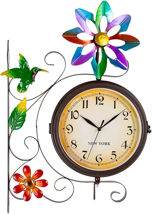 Vintage Indoor Outdoor Clock - Silent Non-Ticking, Double Sided Wall Clock with Windmill Decor Waterproof for Garden, Patio, Yard, Farmhouse, Home Décor (Colorful)