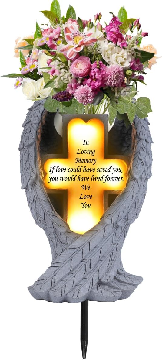 Angel Wings and Cross Solar Light CemeteryDecorations, Cemetery Decorations,Garden Solar Vase Decorations,Gift for Lost Lovers Ones (White)