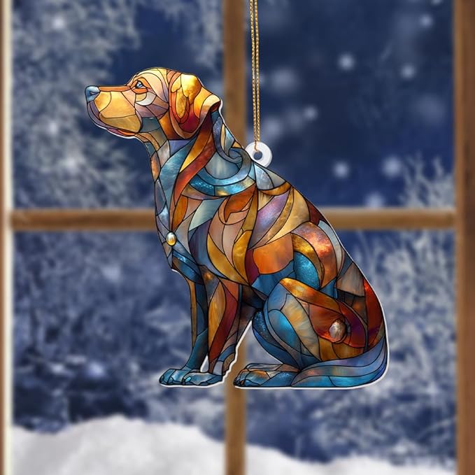 Acrylic Stained Glass Style Dog Ornament – Labrador Retriever Window Hanging Suncatcher, Pet Memorial Keepsake for Dog Lovers, Christmas Tree Decoration, Animal Decor Gift(Sun-07)