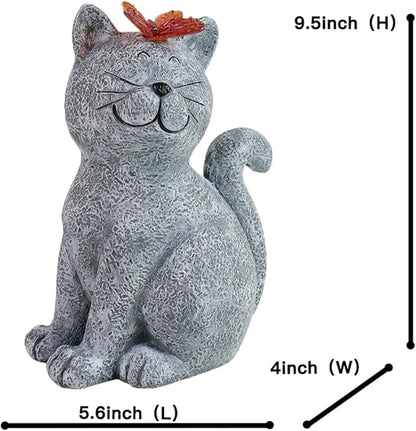 Solar Cat Statue Garden Outdoor Decor, Cat Kitten Figurines with Solar Lights Butterfly for Yard, Patio, Lawn, and Garden Outdoor Decoration, Housewarming Garden Gift.