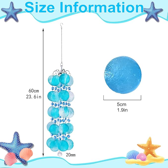 23.6 inch Capiz Shell Wind Chime Outdoor Indoor Hanging, Blue Shell Wind Chimes for Outside, Crystal Wind Chime Pendant, Handemade Gift for Housewarming