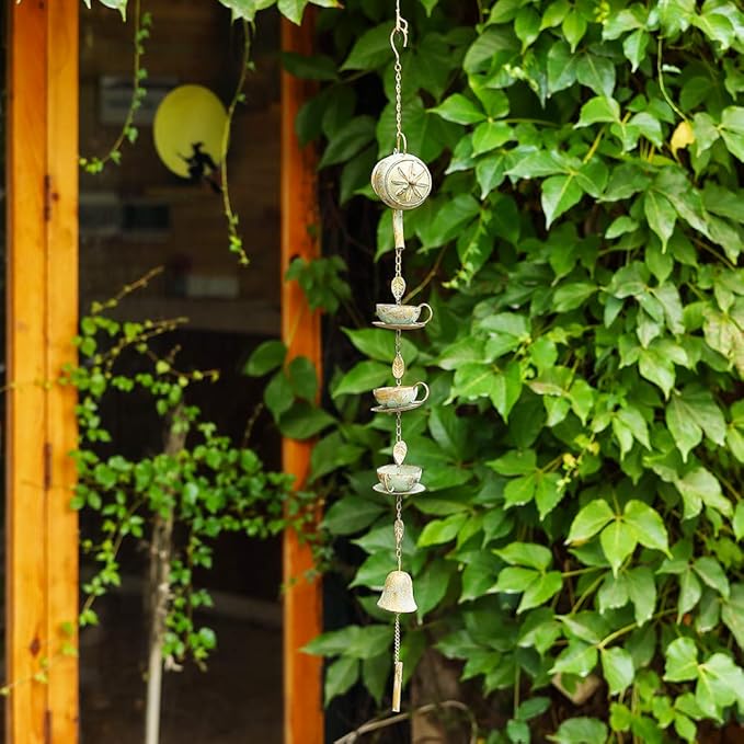 Jemeni 40" H Teapot & Cups Rain Chime with Bell Hanging, Green Patina…