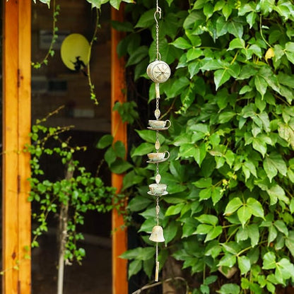 Jemeni 40" H Teapot & Cups Rain Chime with Bell Hanging, Green Patina…