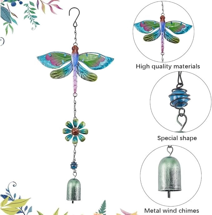 GORGECRAFT Dragonfly Wind Chime Green Metal Iron Waterproof Animal Dragonflies Flower Floral Decoration Glow Wind Catcher Chimes with Bell for Indoor Outdoor Home Garden Festival Party