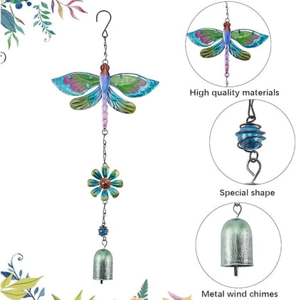 GORGECRAFT Dragonfly Wind Chime Green Metal Iron Waterproof Animal Dragonflies Flower Floral Decoration Glow Wind Catcher Chimes with Bell for Indoor Outdoor Home Garden Festival Party