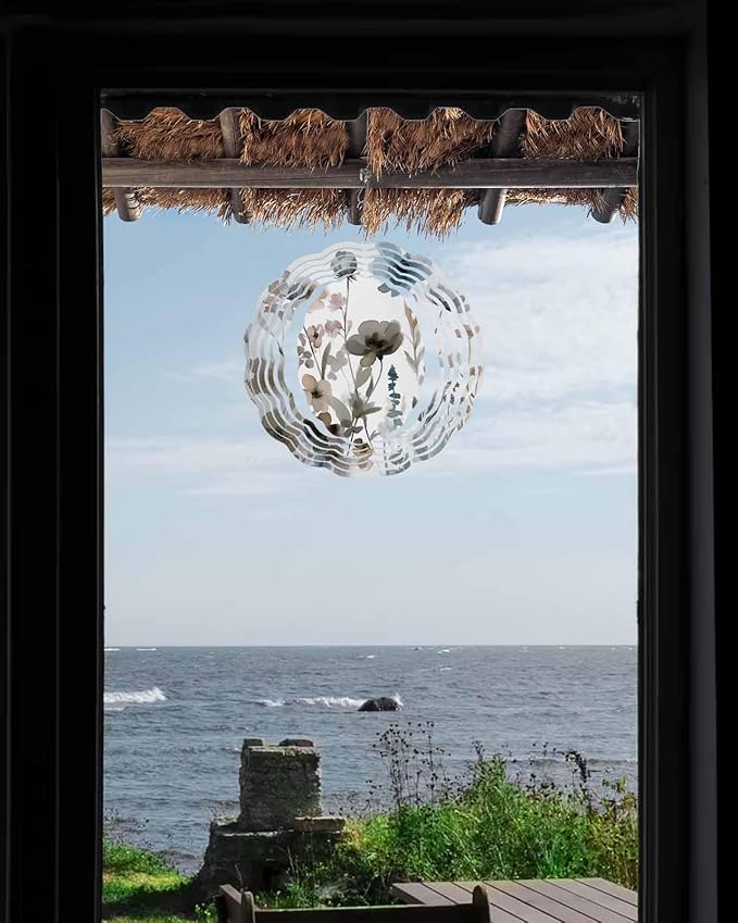 Stainless Steel Wind Spinner for Yard Garden Decoration, Ink Painting Wildflowers Nature Style Round Wind Sculpture Spinner 3D Crafts Hanging Ornaments for Indoor Outdoor, 8 Inch