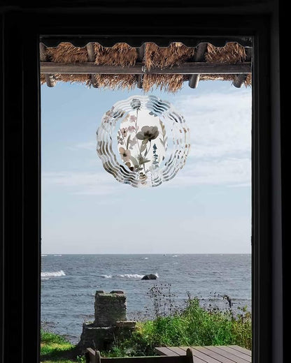Stainless Steel Wind Spinner for Yard Garden Decoration, Ink Painting Wildflowers Nature Style Round Wind Sculpture Spinner 3D Crafts Hanging Ornaments for Indoor Outdoor, 8 Inch
