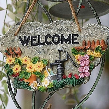 Garden Ornaments Outdoor 4PCS Garden Welcome Listing Card Resin Ornaments Balcony Wall Hanging Pendant Home Courtyard Outdoor Figurines Decoration Crafts Garden Ornaments
