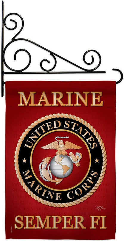 Marine Corps Garden Flag - Set Wall Holder Armed Forces USMC Semper Fi United State American Military Veteran Retire Official - House Banner Small Yard Gift Double-Sided Made in USA 13 X 18.5