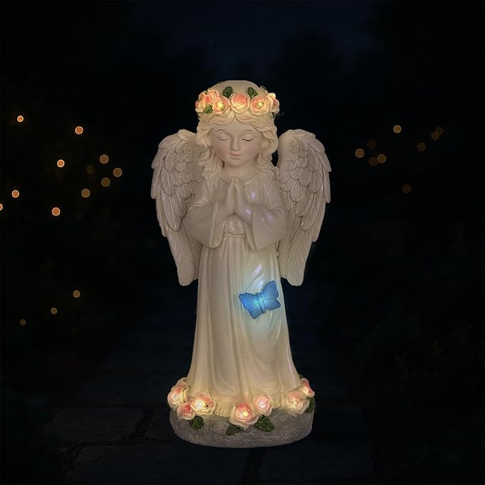 Dlfghos Solar Garden Angel Statue Solar Angel Outdoor Garden Decor Statues Praying Angel Memorial Figurine Light Decorations for Outside Yard Lawn Garden Cemetery Decor Gifts for Mom Grandma Women