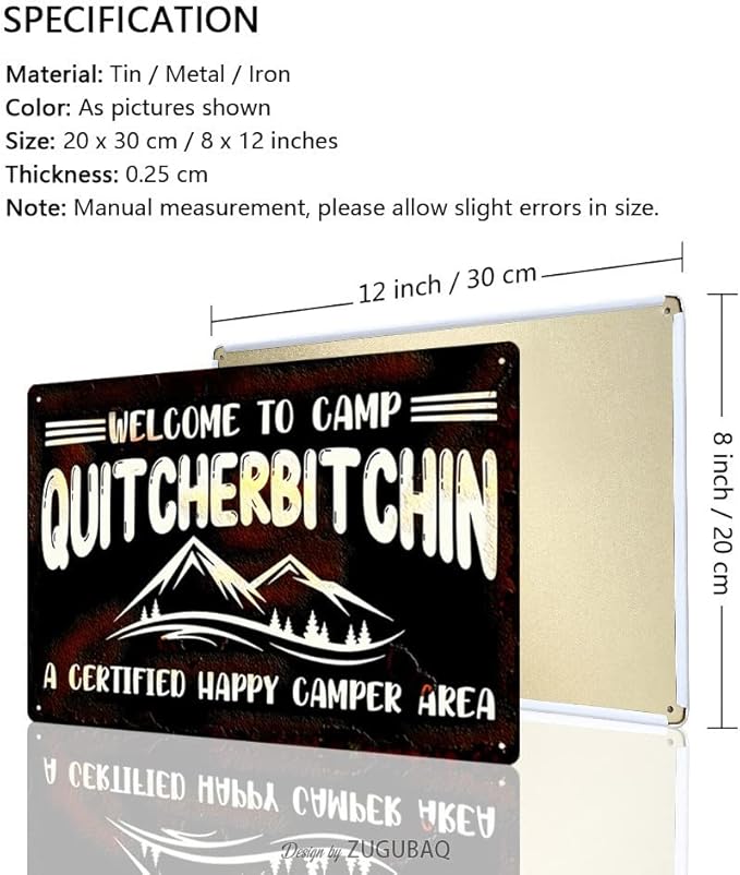 Vintage Metal Funny Camping Tin Sign-Welcome To Camp A Certified Happy Camper Area Outdoor Porch Patio Home Kitchen Garden Bar Poster Retro Decor Art 8X12 Inch Wall Decor