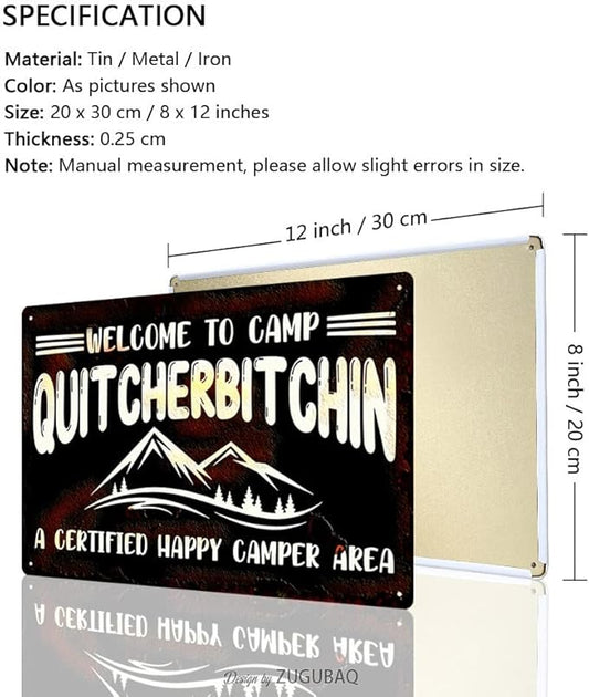 Vintage Metal Funny Camping Tin Sign-Welcome To Camp A Certified Happy Camper Area Outdoor Porch Patio Home Kitchen Garden Bar Poster Retro Decor Art 8X12 Inch Wall Decor
