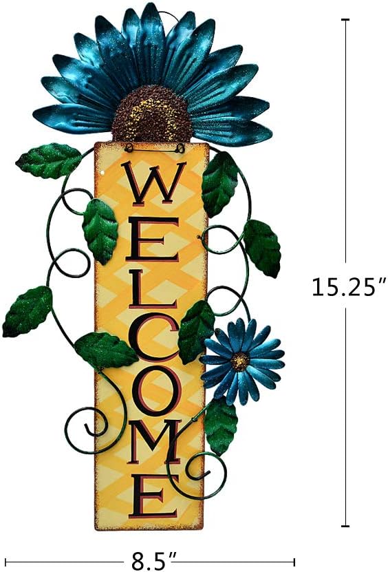 Attraction Design Welcome Sign for Front Door Decor Hanging Sign, Metal Flower Welcome Door Sign Wall Art Decor Hanging for Indoor Outdoor Patio Garden Yard Sign Porch Decoration 15.25X8.5In (C)
